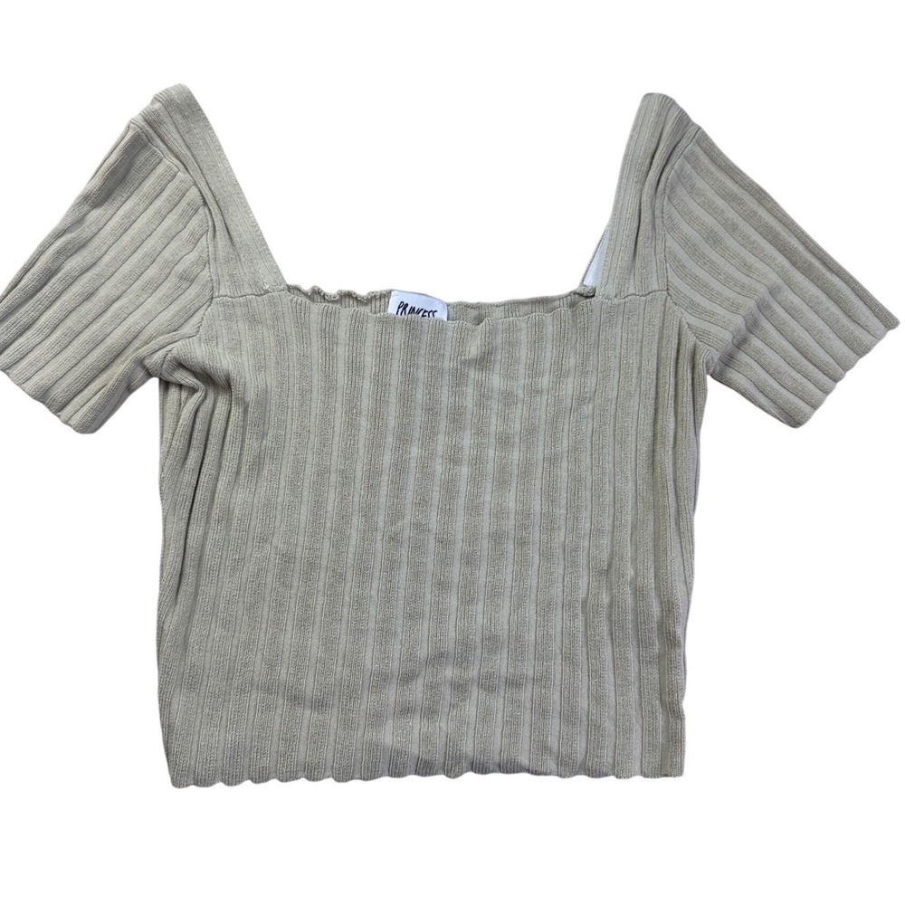 Princess Polly Beige Ribbed Knit Square Neck Crop Top Short Sleeve Tan M/L